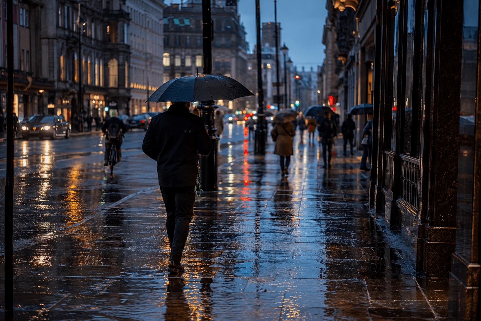 Deszczowa ulica nocą z odbiciami świateł na bruku