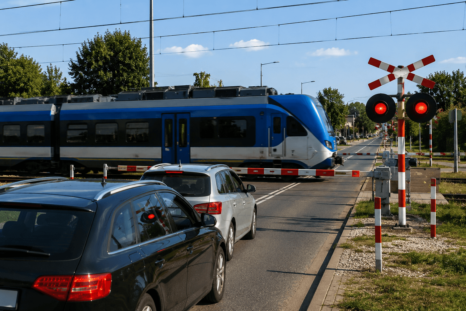 Przejazd kolejowy z opuszczonymi rogatkami
